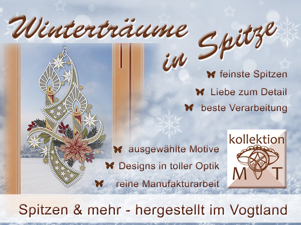 Holen Sie sich mit Plauener Spitze den Winterzauber in Ihr Zuhause! Unser Fensterbild mit zarter Spitze zeigt 2 rote Advents-Kerzen als kunstvolle Winter-Dekoration aus dem Vogtland, mit viel Liebe zum Detail und außergewöhnlichem Design.