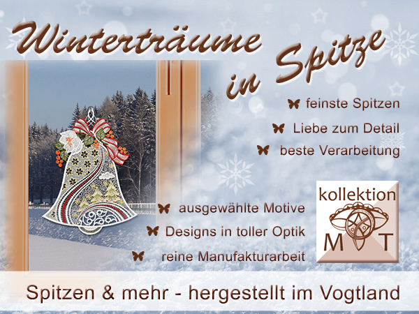 Holen Sie sich mit Plauener Spitze den Winterzauber in Ihr Zuhause! Unser Fensterbild mit zarter Spitze zeigt eine schmuckvoll gemusterte Glocke als kunstvolle Winter-Dekoration aus dem Vogtland, mit viel Liebe zum Detail und außergewöhnlichem Design.