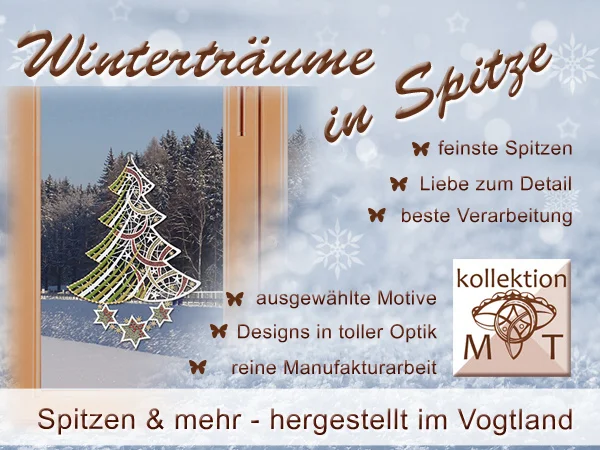Holen Sie sich mit Plauener Spitze den Winterzauber in Ihr Zuhause! Unser Fensterbild mit zarter Spitze zeigt einen modernen Weihnachtsbaum als kunstvolle Winter-Dekoration aus dem Vogtland, mit viel Liebe zum Detail und außergewöhnlichem Design.