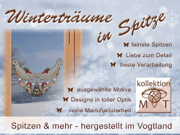 Holen Sie sich mit Plauener Spitze den Winterzauber in Ihr Zuhause! Unser Fensterbild mit zarter Spitze zeigt einen festlichen Kranz mit Weihnachtsbaum als kunstvolle Winter-Dekoration aus dem Vogtland, mit viel Liebe zum Detail und außergewöhnlichem Design.