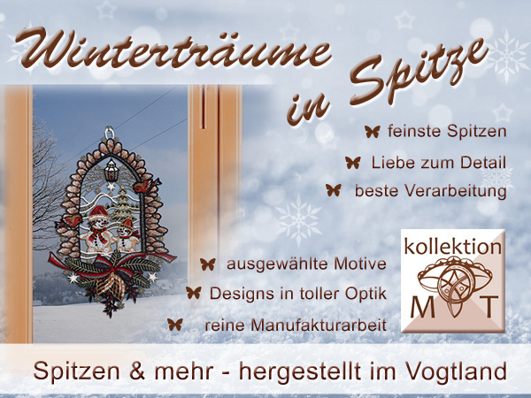 Holen Sie sich mit Plauener Spitze den Winterzauber in Ihr Zuhause! Unser Fensterbild mit zarter Spitze zeigt 2 niedliche Schneemänner als kunstvolle Winter-Dekoration aus dem Vogtland, mit viel Liebe zum Detail und außergewöhnlichem Design.