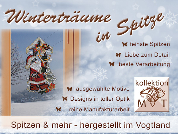 Holen Sie sich mit Plauener Spitze den Winterzauber in Ihr Zuhause! Unser Fensterbild mit zarter Spitze zeigt einen Weihnachtsmann mit Geschenken als kunstvolle Winter-Dekoration aus dem Vogtland, mit viel Liebe zum Detail und außergewöhnlichem Design.
