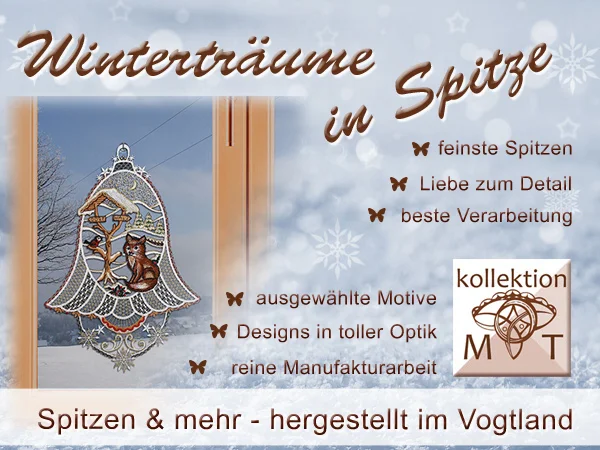 Holen Sie sich mit Plauener Spitze den Winterzauber in Ihr Zuhause! Unser Fensterbild mit zarter Spitze zeigt Fuchs im Winterwald als kunstvolle Winter-Dekoration aus dem Vogtland, mit viel Liebe zum Detail und außergewöhnlichem Design.