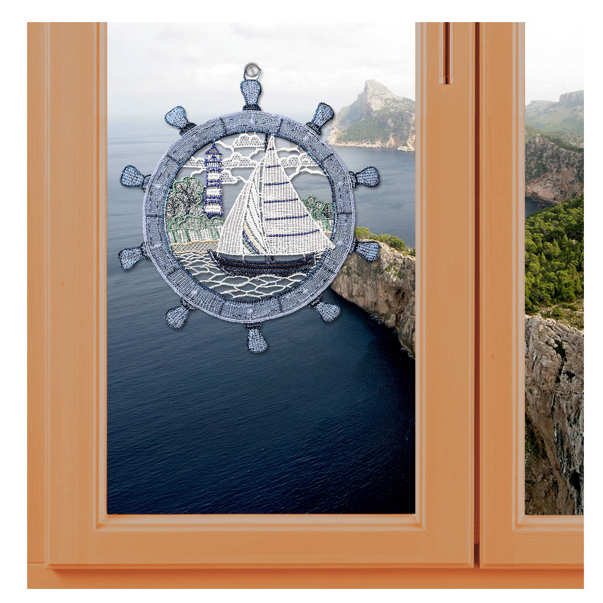 Maritimes Fensterbild Steuerrad mit Boot
