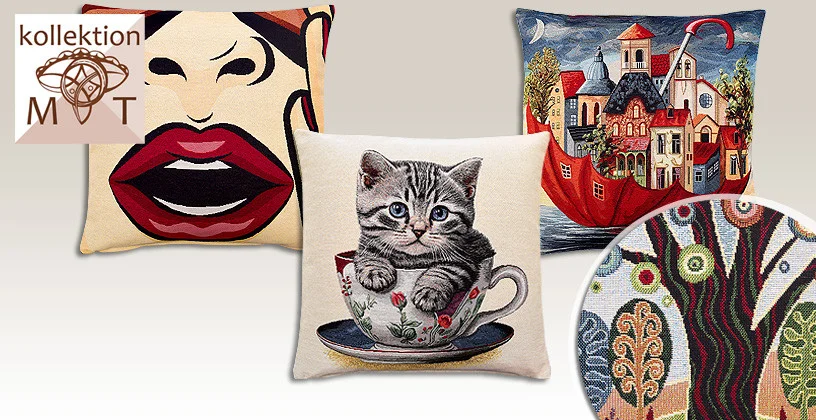Mehrere übersichtliche angeordnete Gobelin-Kissen und das Logo der Firma Kollektion.MT sind zu sehen.