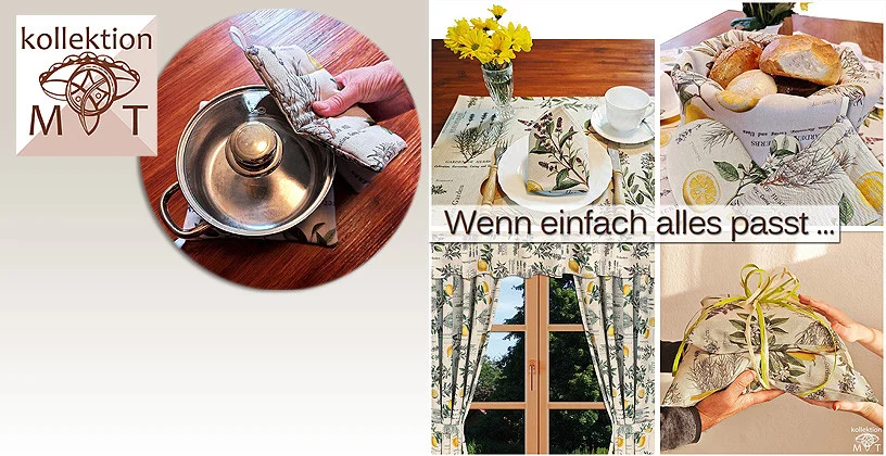 Hier sind verschiedene Dekorationsmöglichkeiten zu unserer Kollektion "Kräutercharme Liora" abgebildet. Daneben befindet sich das Logo von Kollektion MT.