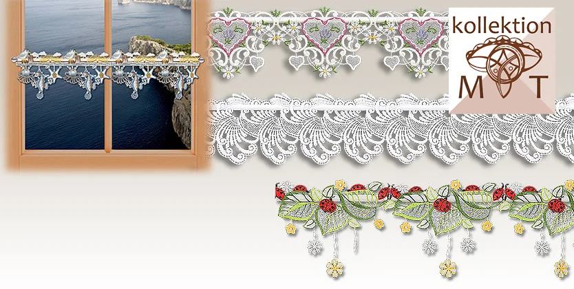 Zauberhaft kleine Spitzengardinen aus Echter Vogtländischer Spitze für jede Jahreszeit sind hier dargestellt. Daneben ist unser Logo zu sehen.